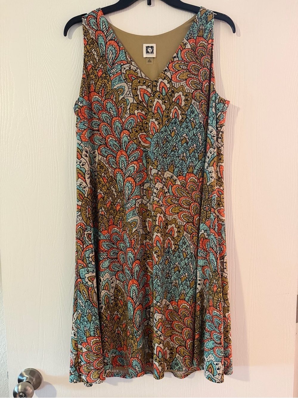 Anne Klein Sleeveless V-Neck Paisley Swing Dress in Teal, Rust & Tan